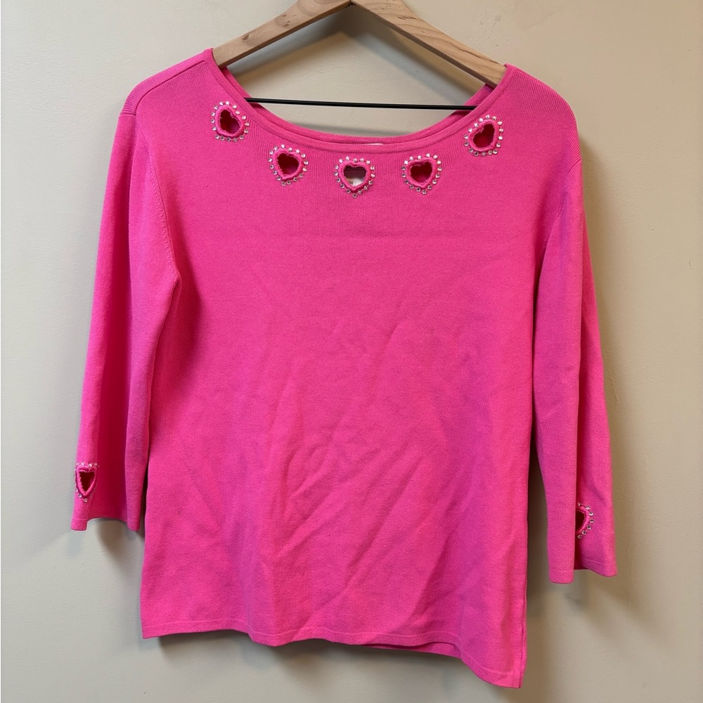 Joseph A Vtg 90’s Sweater Hot Pink Heart Cutout Rhinestones Ribbon Trim Size‎ XL